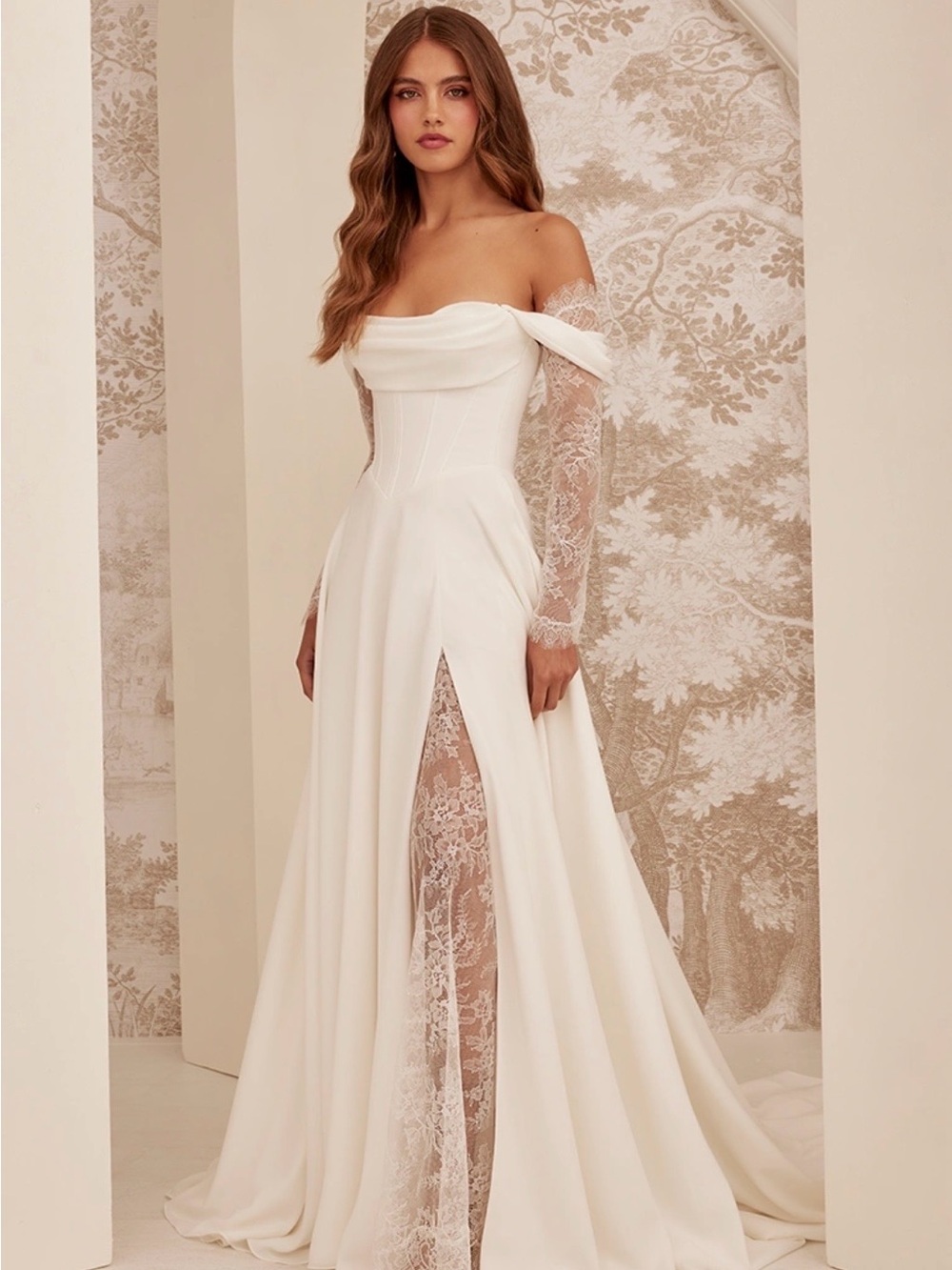 NWT Mikaella Bridal Off-Shoulder Ivory Lace-Sleeve Gown